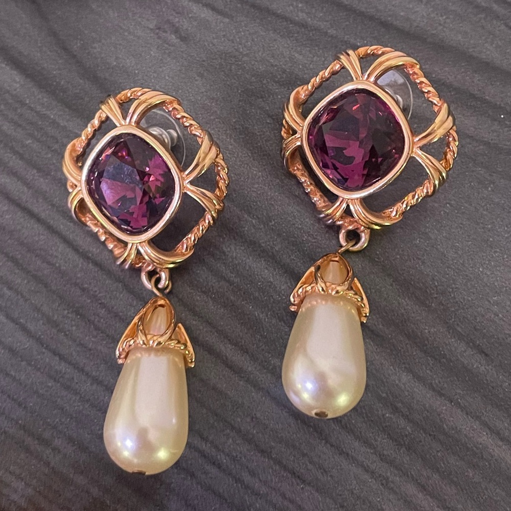 Vintage Swarovski Pearl Drop Large Purple Crystal Earrings - Picture 9 of 9